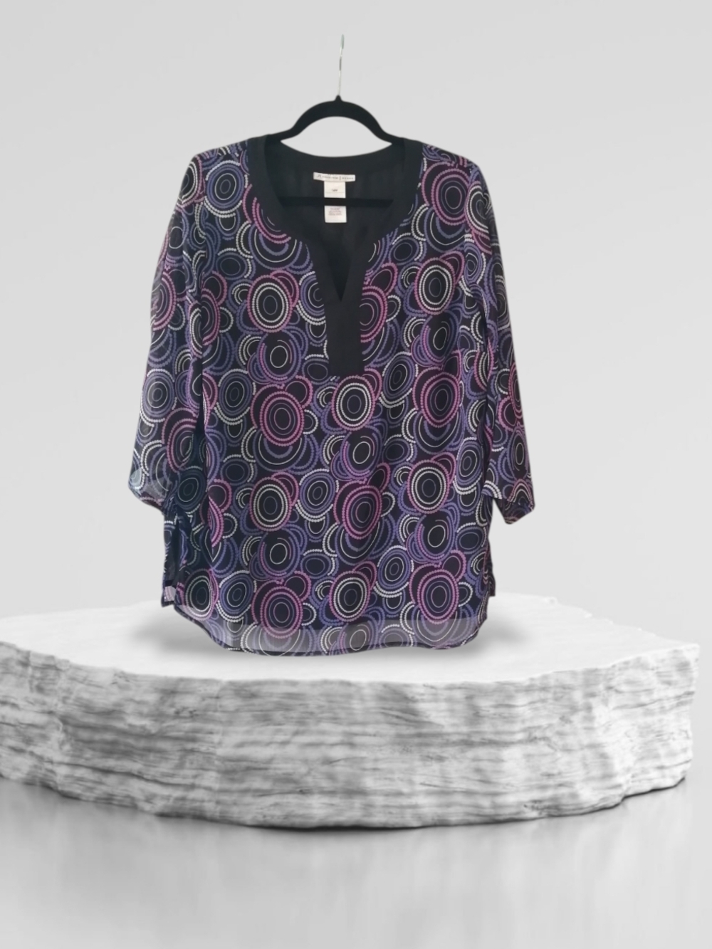 Sheer Black Tunic with Purple Circular Print and V-Neck Placket
